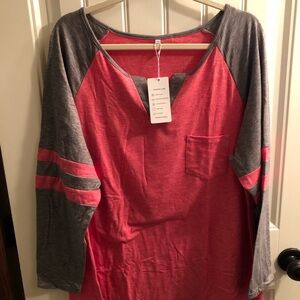 Relaxed Raglan Long Sleeve Tee with Chest Pocket - Red & Gray
